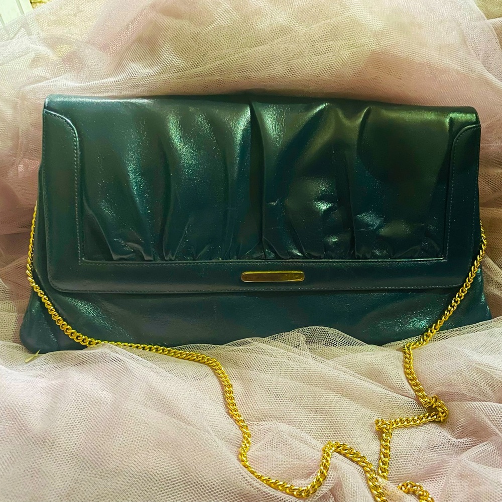 Vintage Navy Blue Plush Leather Saks Fifth Avenue Purse With Gold Chain